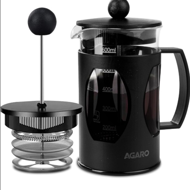 AGARO Elite French Press Coffee And Tea Maker Borosilicate Glass Body With Sleeves Glass Carafe BPA Free Plastic Lid Strainer 600Ml