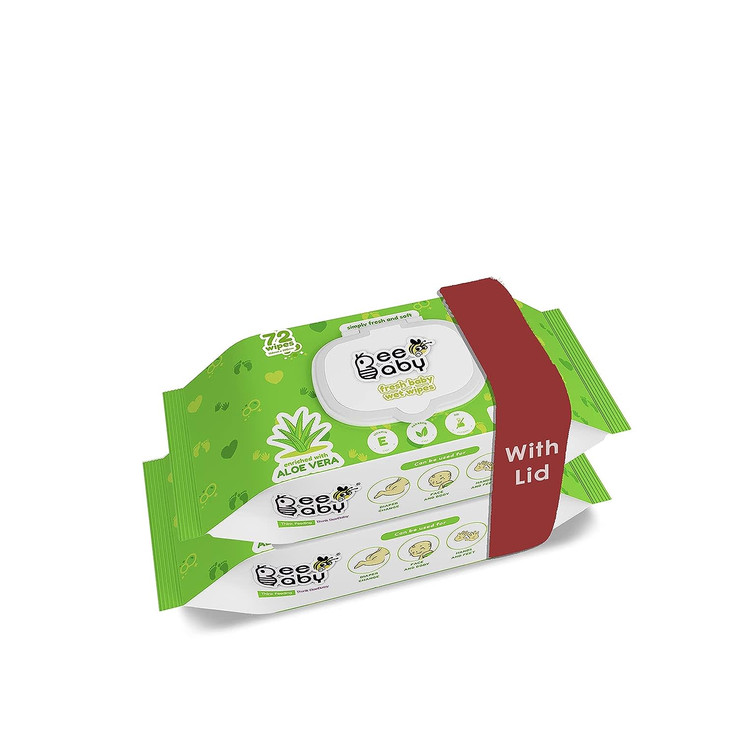 BeeBaby Fresh Baby Wet Wipes with Plastic Lid, Contains Aloe Vera, Vitamin E & Anti - Bacterial ingredients. Ideal for Cleaning & Moisturising Newborn. - 2 Pack of 72 Wipes