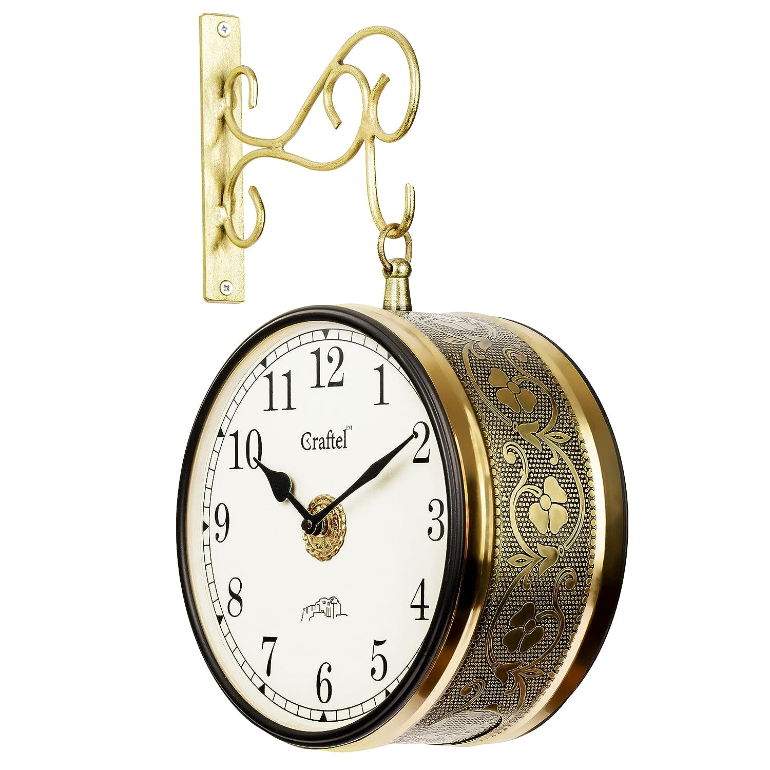 CRAFTEL Metal Analog Double Sided Vintage Station Wall Clock with Brass in dial Shiny Gold 8 Inches