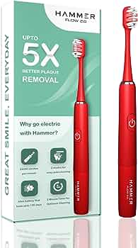 HAMMER Flow 2.0 Electric Toothbrush and 2 Replaceable Brush Heads for Men and Women, 2 Brushing Modes, AAA Battery, Waterproof, Super-Soft Bristles, Electric Brush