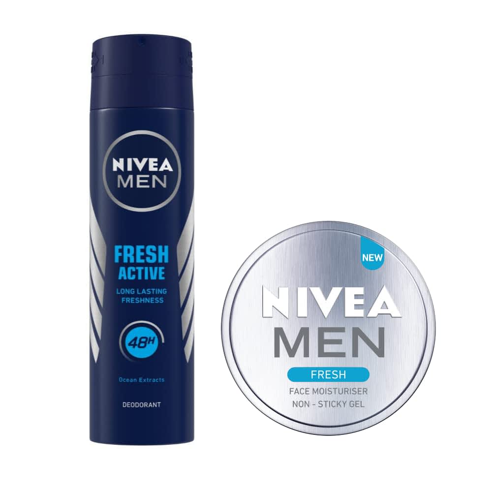 NIVEA Deodorant Fresh Active for Men 150ml and Fresh Face Moisturizer Gel for Men 75ml