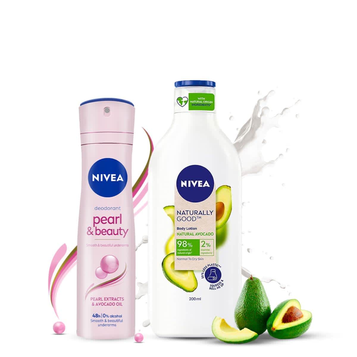 Nivea Pearl And Beauty Deodorant 48 Hours, 150ml And Nivea Naturally Good, Natural Avocado Body Lotion, 200ml