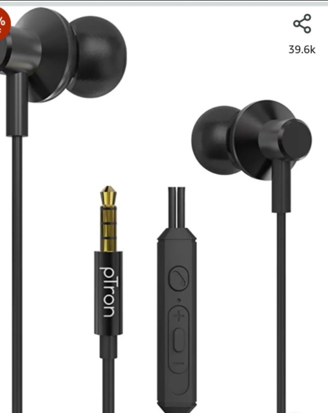 PTron Pride Lite HBE (High Bass Earphones) in Ear Wired Earphones with Mic, 10mm Powerful Driver for Stereo Audio, Noise Cancelling Headset with 1.2m Tangle-Free Cable & 3.5mm Aux - (Black)