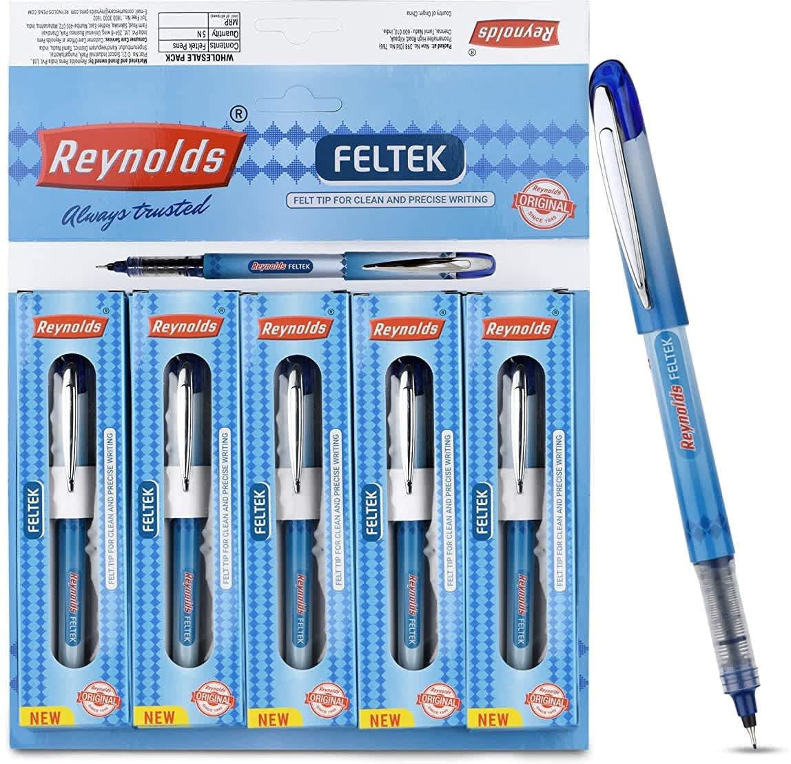 Reynolds FELTEK 5 CT BOX - BLUE| Smooth Ball Pens | Long-lasting ball pens | Professional Ball pens with superior writing experience| Ball Pens for swift writing