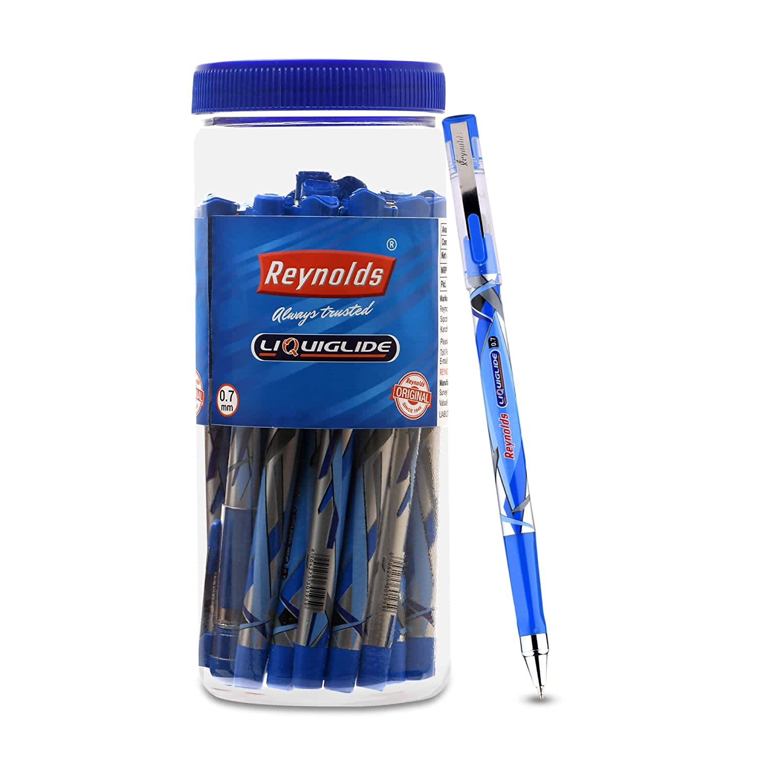 Reynolds LIQUIGLIDE 25 CT JAR BLUE I Lightweight Ball Pen With Comfortable Grip for Extra Smooth Writing I School and Office Stationery | 07mm Tip Size | Pen for BTS
