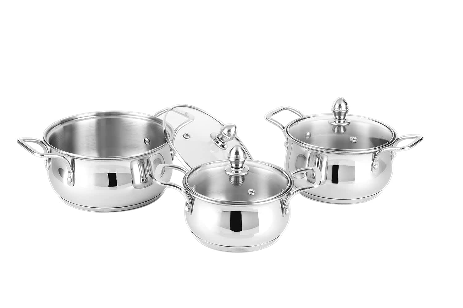 Steelcraft Premium Stainless Steel Induction Bottom AlmoraCookware Family Combo Best for Cook and Serve Set of 3 pc Casserole 14cm 850ml 16cm 1300ml18cm 1800ml with Glass Lids Silver