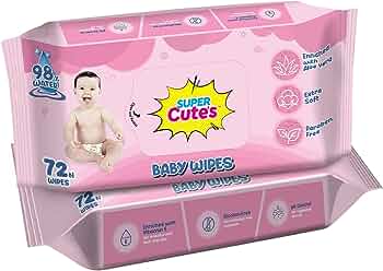 Super Cute's Premium Soft Cleansing 98% Water Baby Wipes with Aloe Vera, Enriched with Vitamin E, and Paraben Free | 72 Wipes | Pack of 2