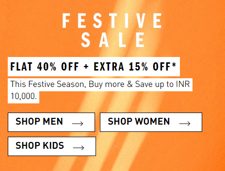 Adidas Festive Sale - Flat 40% to 60% off + Extra 15% off