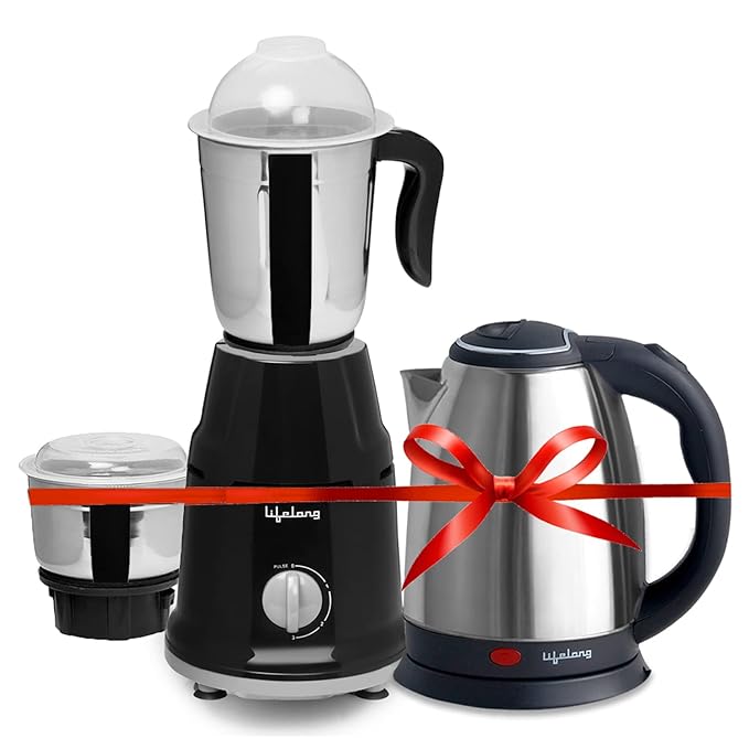 Lifelong Stainless Steel Mixer Grinder 500 W (2 Jar, Black) With Electric Kettle 1.5 Litre 1500W For Boiling